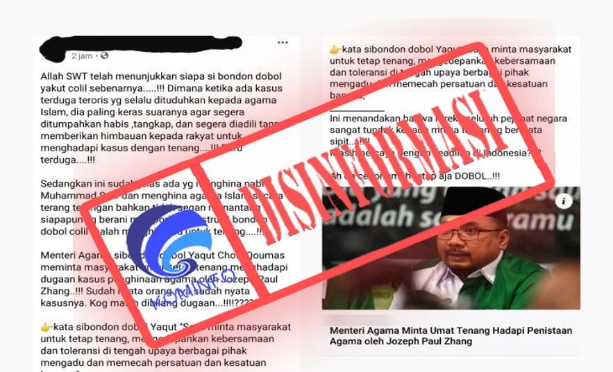 [DISINFORMASI] Menag Minta Umat Tenang Hadapi Penistaan Agama oleh Jozeph Paul Zhang