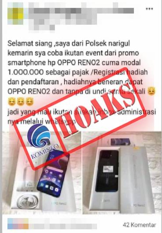 [HOAKS] Penawaran Promo Handphone oleh Akun Facebook Polsek Naringgul Cianjur