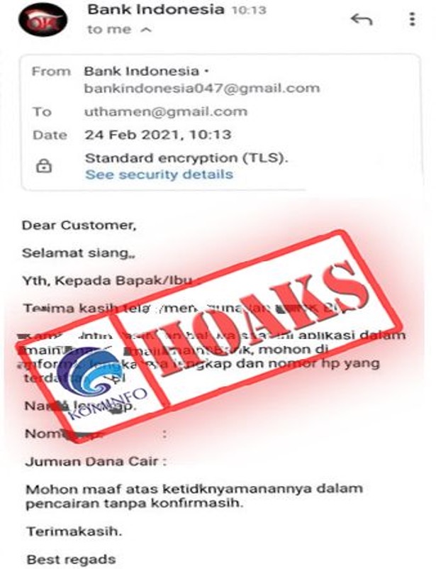 [HOAKS] Bank Indonesia Minta Data Pribadi Melalui Email