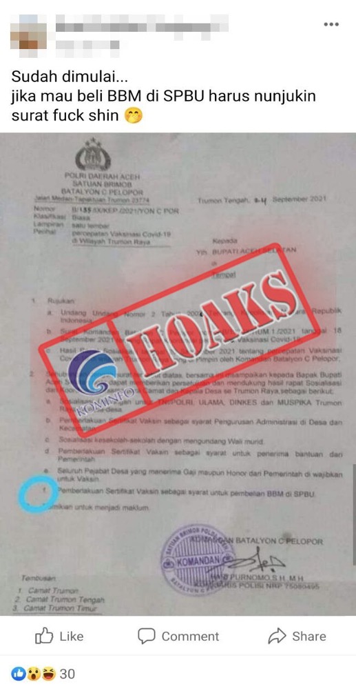 [HOAKS] Pemberlakuan Sertifikat Vaksin Covid-19 sebagai Syarat Pembelian BBM di SPBU Aceh Selatan