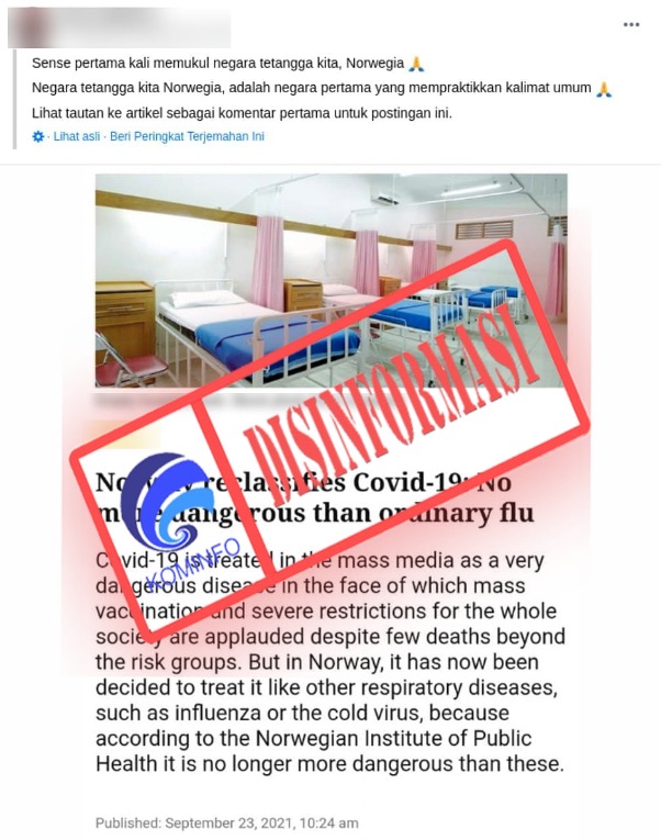 [DISINFORMASI] Norwegia Umumkan Covid-19 Tidak Lebih Bahaya dari Flu Biasa