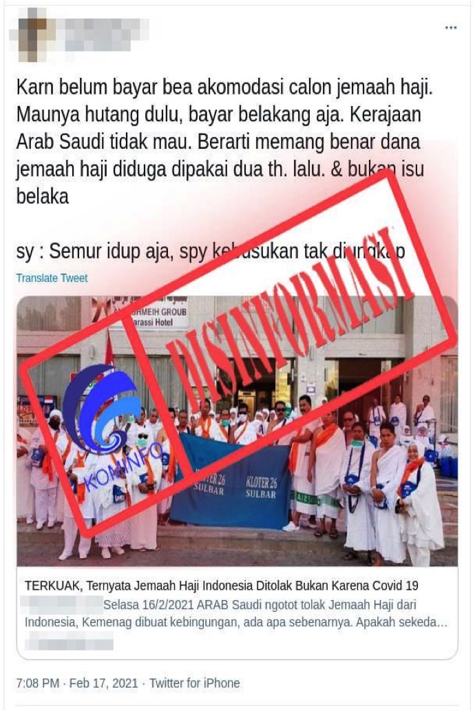[DISINFORMASI] Arab Saudi Tolak Jemaah Haji Indonesia karena Belum Bayar Bea Akomodasi Calon Jemaah Haji