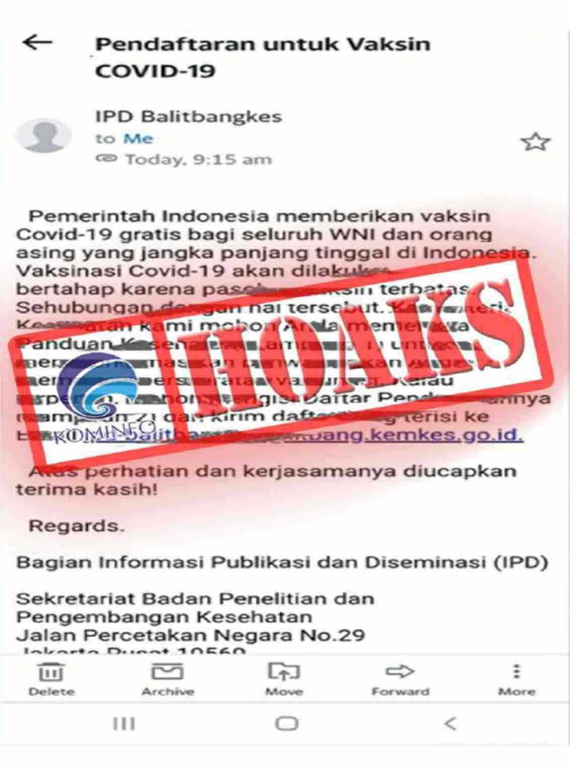 [HOAKS] Surat Elektronik Mengatasnamakan IPD Balitbangkes Terkait Pemberian Vaksin Covid-19