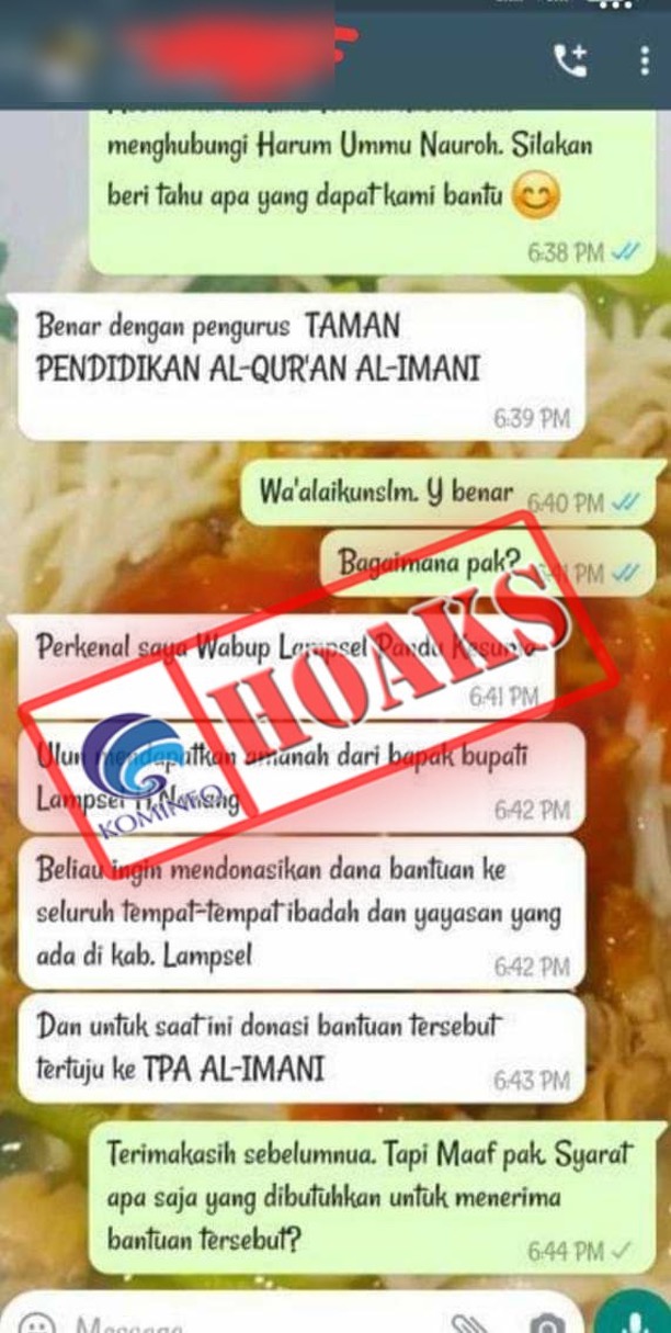 [HOAKS] Pesan WhatsApp Mengatasnamakan Wakil Bupati Lampung Selatan